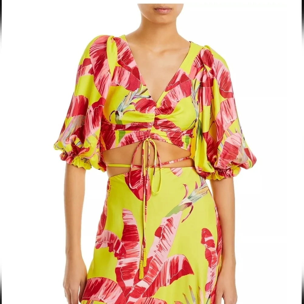 Farm Rio, Sweet Jungle Lime Crop‎ Top, Lime Yellow/Red/Pink, Size XS - Picture 3 of 16